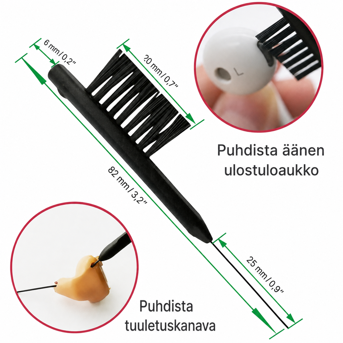 Kuulokojeen puhdistusharjan ja tuuletuskanavan puhdistuslangan mitat ja käyttökohteet