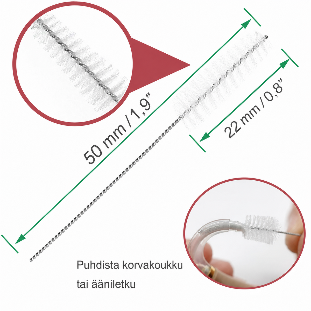 Pieni puhdistusharja kuulokojeen korvakoukulle ja ääniletkulle, mitat 50 ja 22 mm