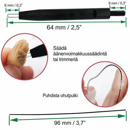 Kuulokojeen puhdistustyökalu trimmerille ja ohutputkelle, työkalujen mitat