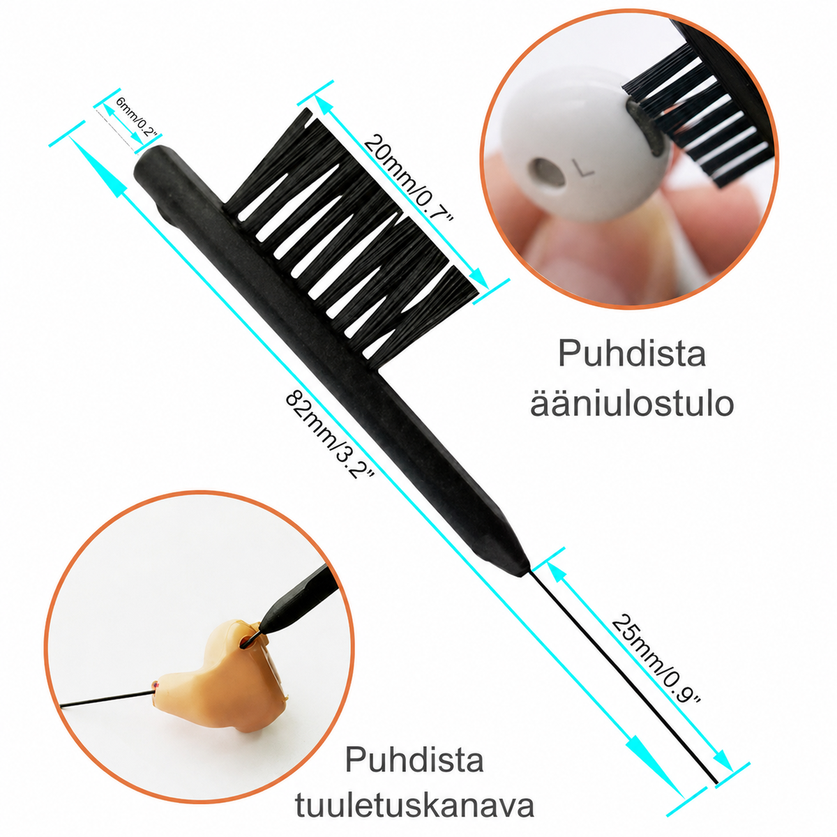 Kaksipäinen kuulokojeen puhdistustyökalu ääniulostulon ja tuuletuskanavan puhdistamiseen.