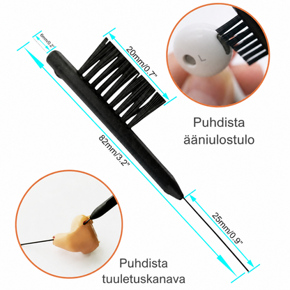 Kaksipäinen kuulokojeen puhdistustyökalu ääniulostulon ja tuuletuskanavan puhdistamiseen.
